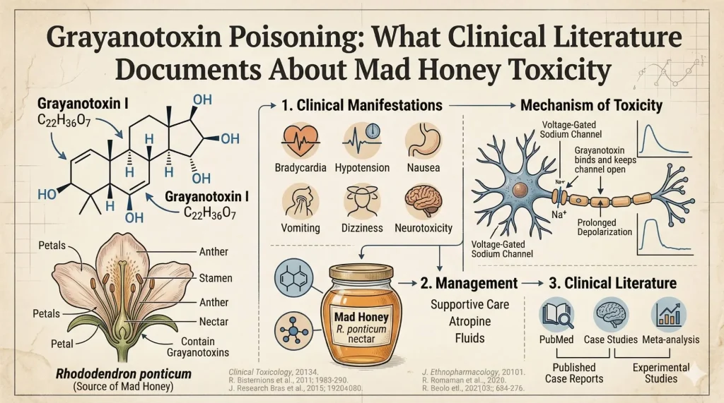 A scientific infographic illustrating grayanotoxin poisoning from mad honey, showing the chemical structure of Grayanotoxin I, an annotated Rhododendron ponticum flower diagram, clinical symptoms including bradycardia and dizziness, the sodium channel mechanism of toxicity, management options, and references to published clinical literature.