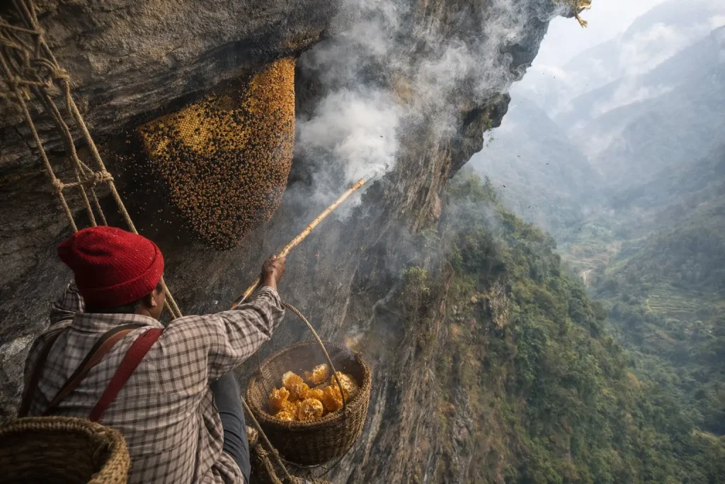 A Himalayan honey hunter wearing a red beanie and plaid shirt uses a long smoking pole to drive bees from a massive cliff-side honeycomb while holding a woven basket filled with harvested honeycomb chunks, suspended above a deep forested valley.