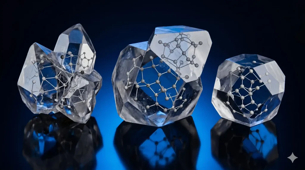 Three translucent crystal formations with embedded grayanotoxin molecular structures on reflective dark blue surface