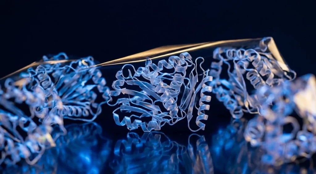 Detailed ribbon model of grayanotoxin-binding protein structure in translucent blue on dark reflective surface