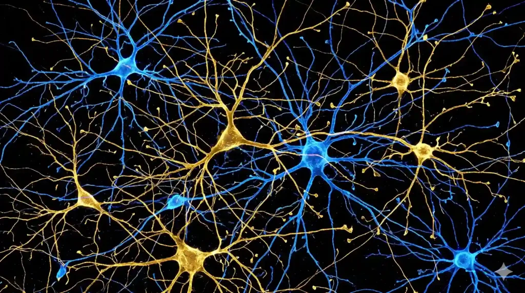 Microscopic view of interconnected neurons in amber and blue showing sodium channel modulation by grayanotoxin on black background
