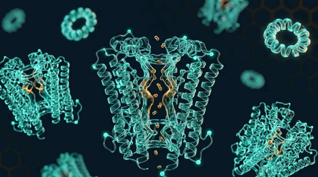 3D rendered sodium channel protein structure in teal with amber ion binding sites, illustrating grayanotoxin mechanism of toxicity