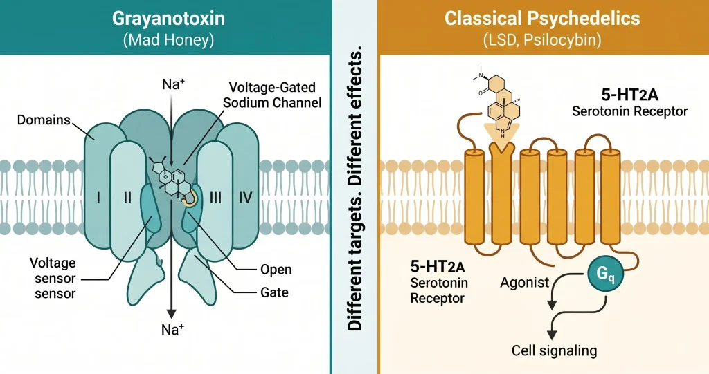 Scientific diagram comparing grayanotoxin binding to voltage-gated sodium channel in mad honey versus classical psychedelics acting on 5-HT2A serotonin receptor