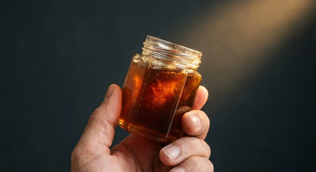 Hand holding small glass jar of dark amber mad honey against dark navy background with warm golden backlight