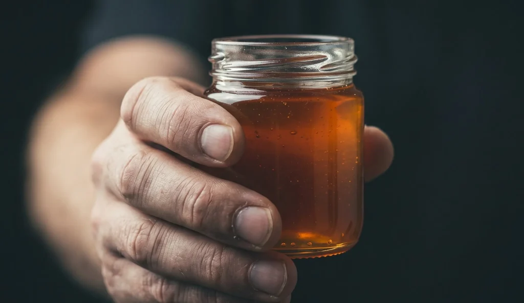 Weathered hands presenting open glass jar of dark amber mad honey toward camera against dark background