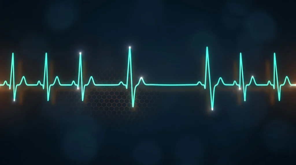 Glowing teal ECG heartbeat trace showing bradycardic pattern over faint amber honeycomb texture on dark navy background