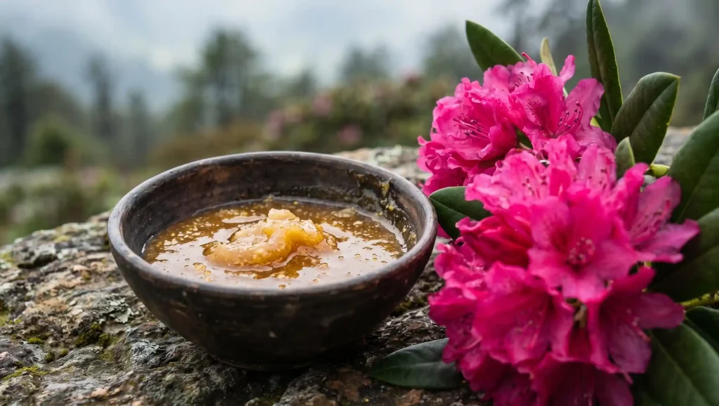 Traditional clay bowl of raw mad honey on mossy rock beside pink rhododendron flowers with mountain forest backdrop