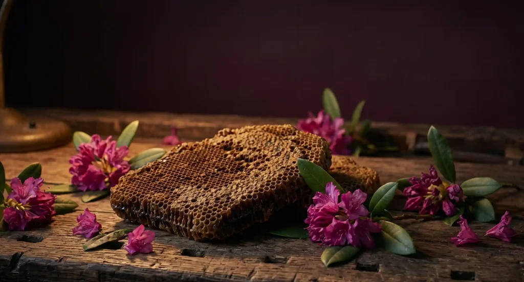 Dark amber honeycomb pieces surrounded by pink rhododendron flowers on weathered wooden surface, representing raw mad honey