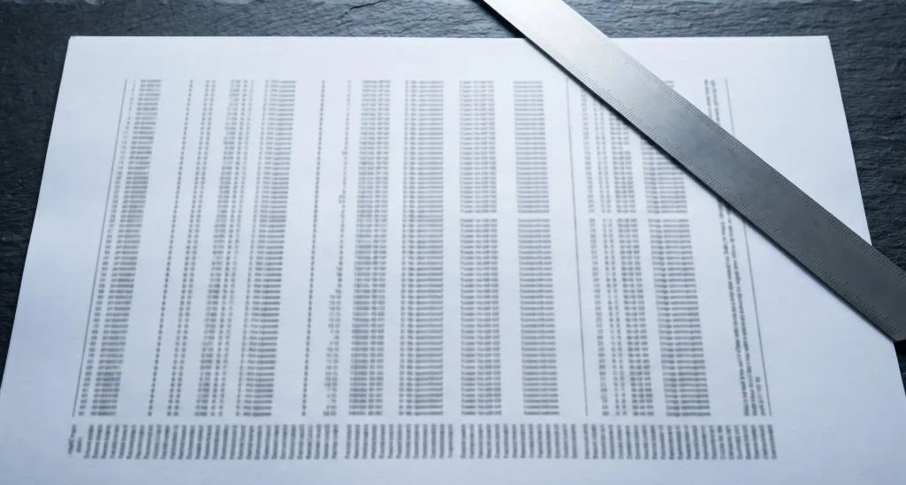 Printed data table with dense numerical columns and metal ruler on grey slate surface representing mad honey grayanotoxin concentration data