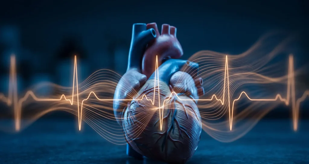 Anatomical heart model with glowing amber ECG trace waves passing through it on dark blue background, illustrating grayanotoxin cardiovascular effects