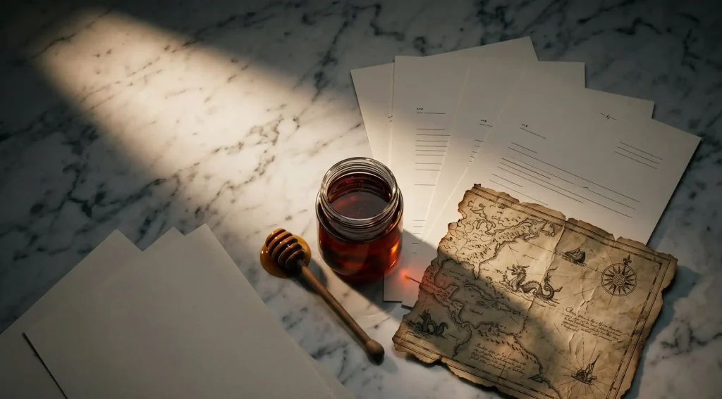 Glass jar of mad honey and wooden dipper beside antique map and research documents on marble surface in dramatic light