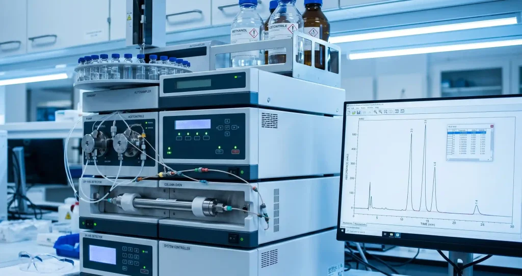 Full HPLC chromatography system with autosampler and monitor displaying peak analysis results in modern laboratory setting