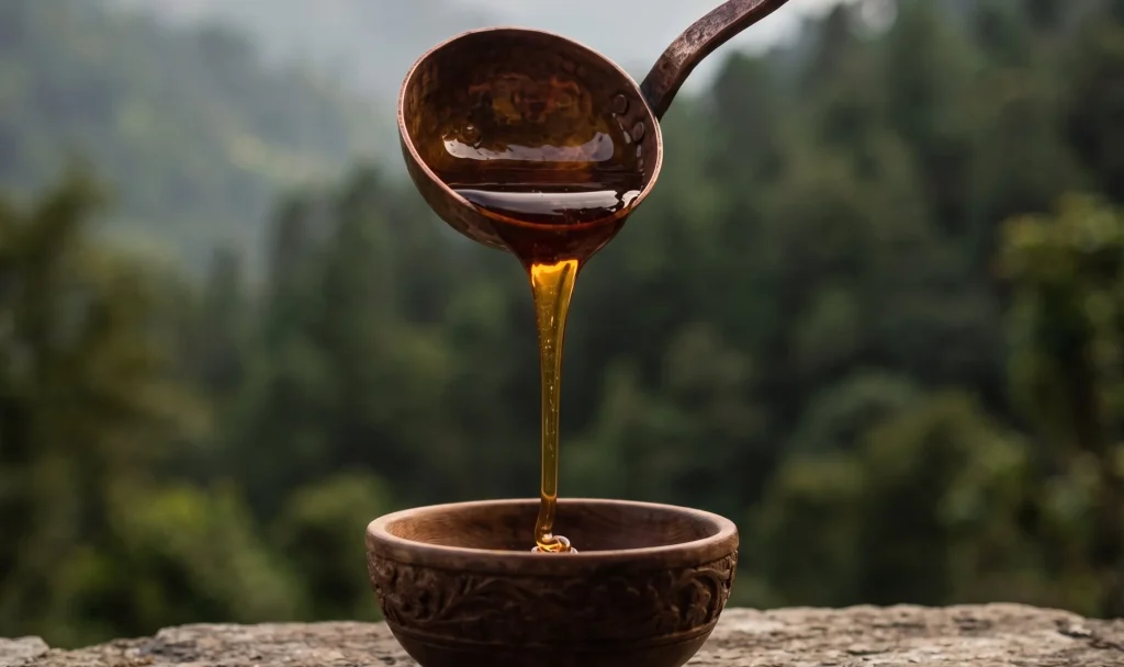 Traditional clay bowl of raw mad honey on mossy rock beside pink rhododendron flowers with mountain forest backdrop