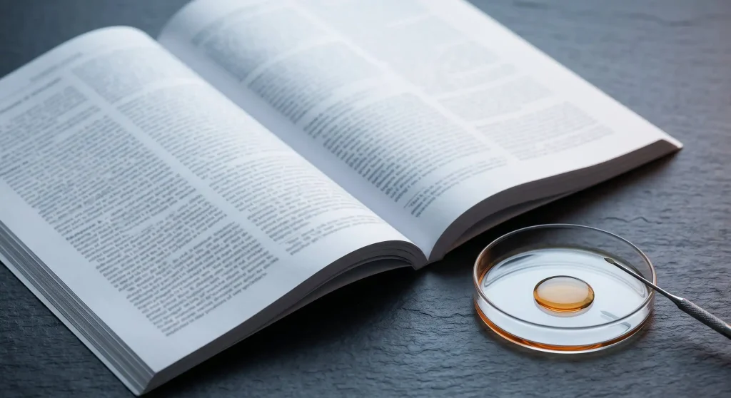 Open scientific journal beside glass petri dish containing amber honey sample on dark slate surface for research study