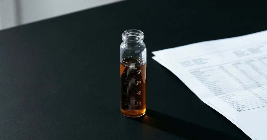 Glass graduated vial with amber honey extract beside printed laboratory data report on dark surface