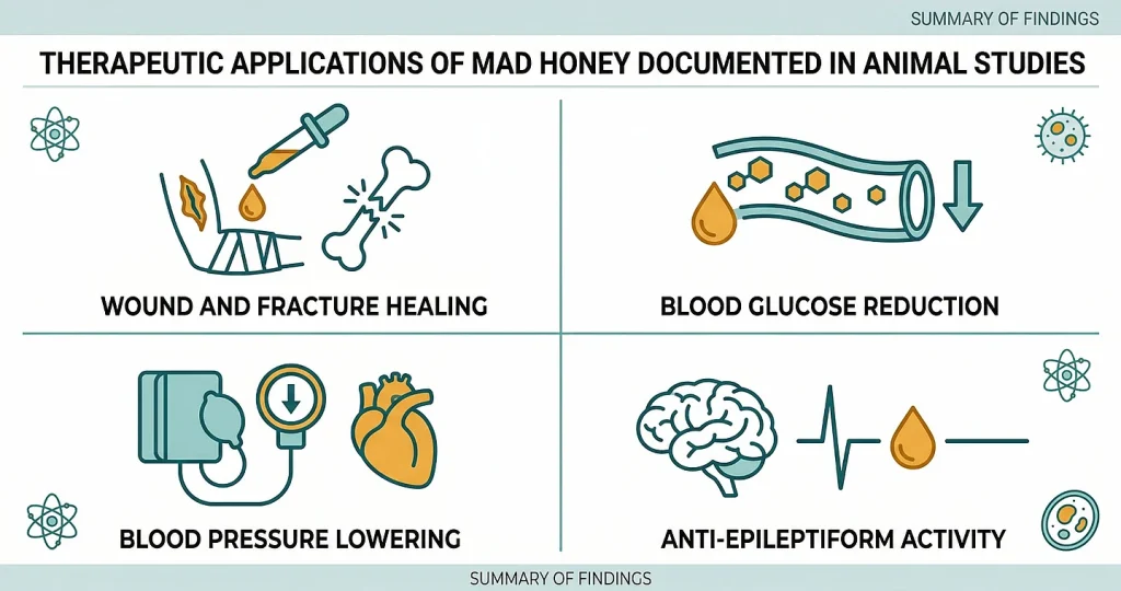 A four-panel scientific infographic titled "Therapeutic Applications of Mad Honey Documented in Animal Studies," illustrating wound and fracture healing, blood glucose reduction, blood pressure lowering, and anti-epileptiform activity — using teal and amber medical icons on a light background.