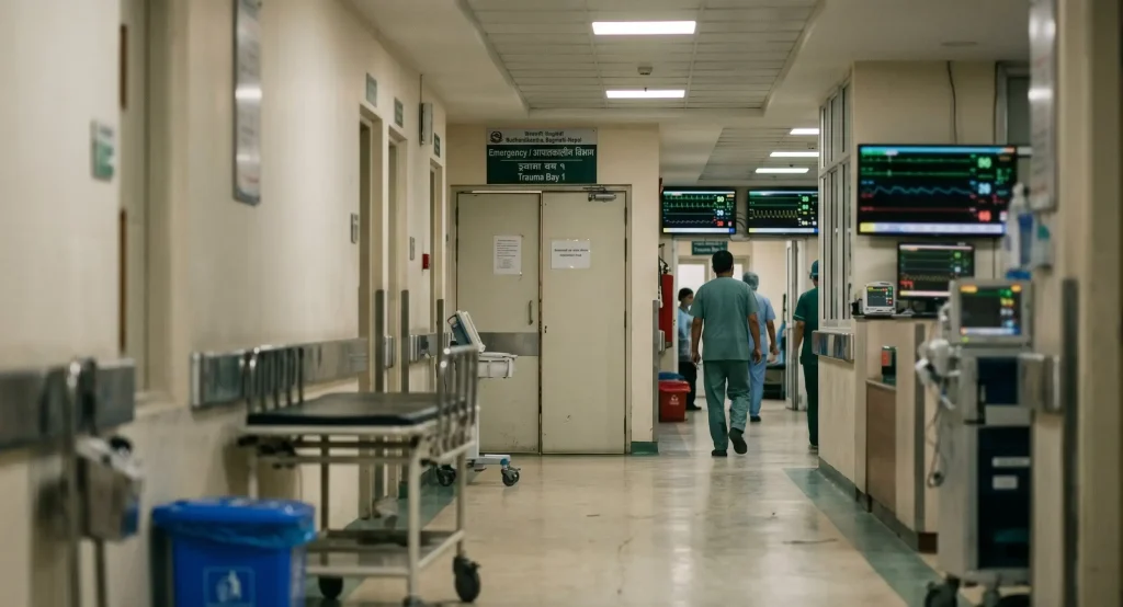 Hospital emergency corridor in Nepal with medical staff and cardiac monitors, representing clinical management of mad honey adverse effects