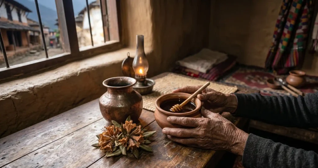 Elderly hands holding clay bowl of mad honey on rustic wooden table with oil lamp and dried rhododendron flowers in Himalayan village interior