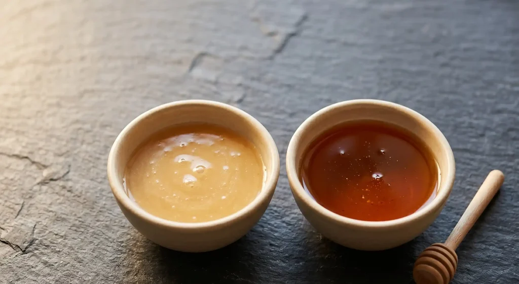 Two ceramic bowls side by side showing pale and dark amber honey varieties on dark slate surface with wooden honey dipper