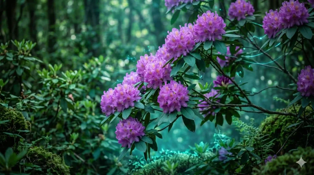 Purple rhododendron flowers in dense Himalayan forest with glowing teal molecular traces, the plant source of grayanotoxin in mad honey