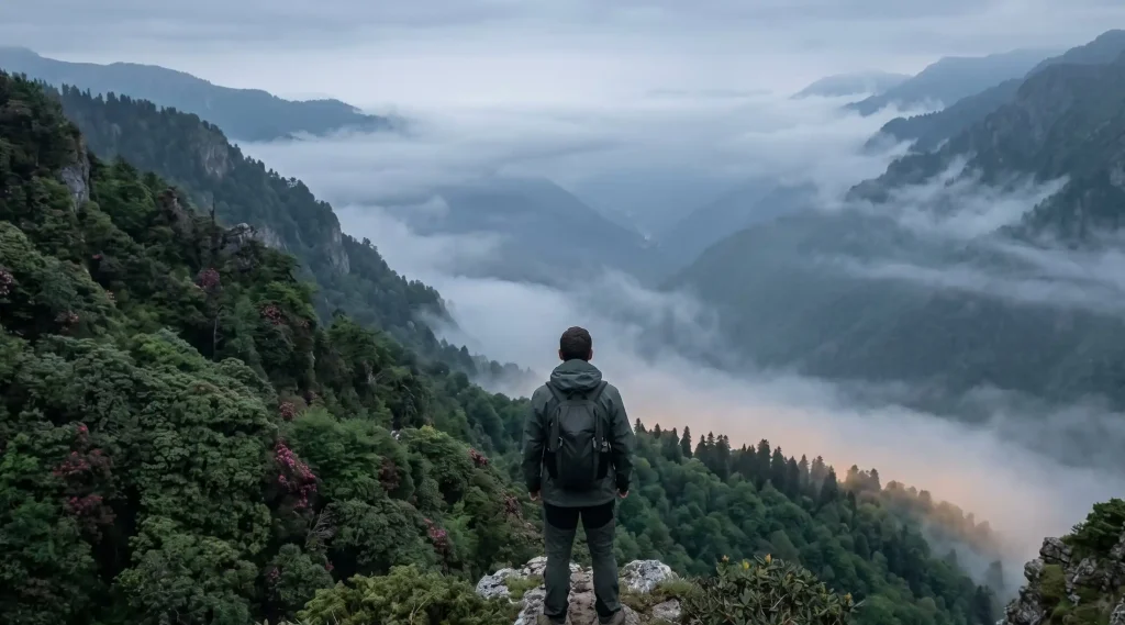 Hiker overlooking misty forested mountain valley with rhododendron blooms representing Black Sea region mad honey origin landscape