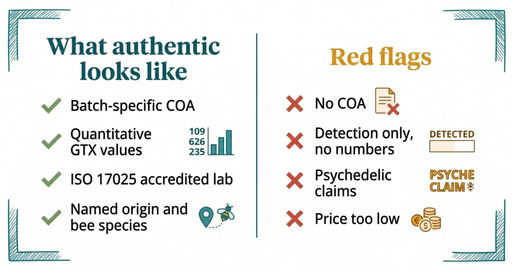 Infographic showing authentic mad honey indicators including batch-specific COA, quantitative GTX values and ISO 17025 lab versus red flags including no COA, detection-only reports and psychedelic claims