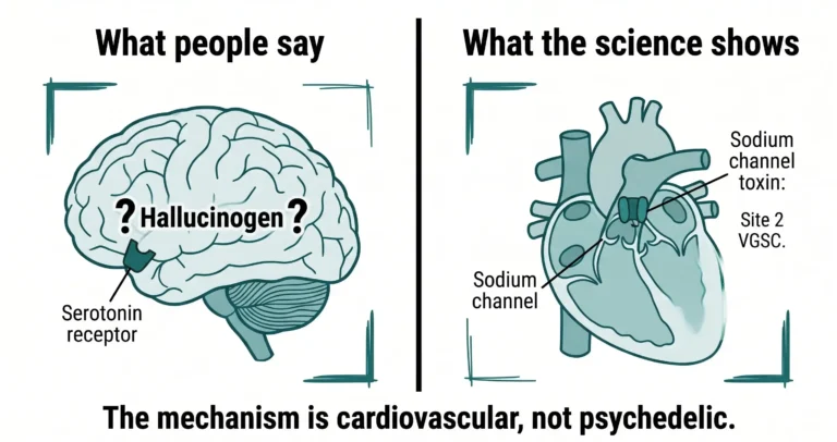 Split comparison. What people say: mad honey is a hallucinogen acting on a serotonin receptor in the brain. What the science shows: grayanotoxin is a sodium channel toxin that binds Site 2 of the voltage-gated sodium channel in the heart. The mechanism is cardiovascular, not psychedelic.