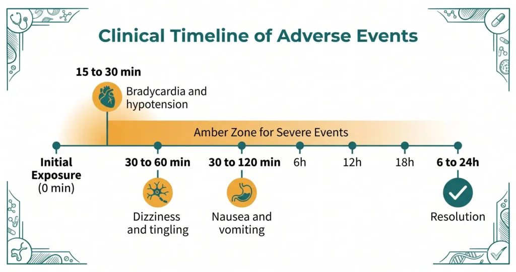 Clinical timeline of mad honey adverse events showing bradycardia and hypotension at 15-30 min, dizziness and tingling at 30-60 min, nausea and vomiting at 30-120 min, and resolution at 6-24 hour