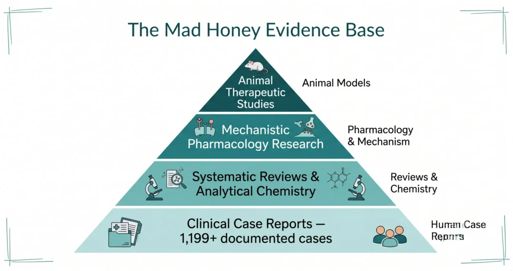 Evidence pyramid for mad honey research showing four tiers: 1199+ clinical case reports, systematic reviews and analytical chemistry, mechanistic pharmacology research, and animal therapeutic studies