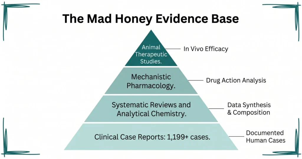 Evidence pyramid for mad honey research showing clinical case reports, systematic reviews, mechanistic pharmacology and animal therapeutic studies with in vivo efficacy labels