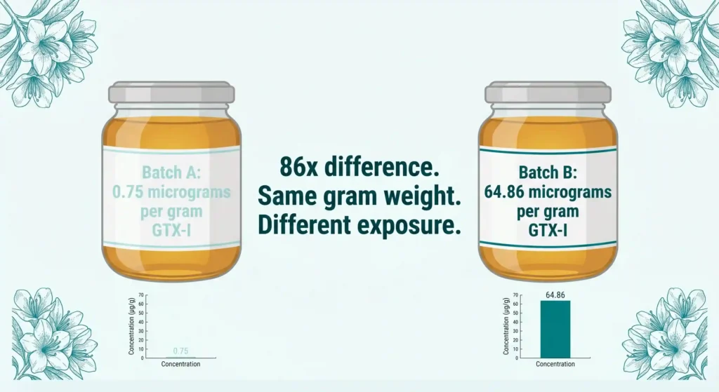 Comparison of two mad honey jars showing Batch A at 0.75 micrograms per gram GTX-I versus Batch B at 64.86 micrograms per gram, illustrating 86x concentration difference in same gram weight