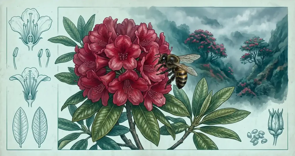Botanical illustration of red rhododendron flower with honeybee foraging, flanked by anatomical flower cross-sections and leaf diagrams, against misty Himalayan mountain backdrop