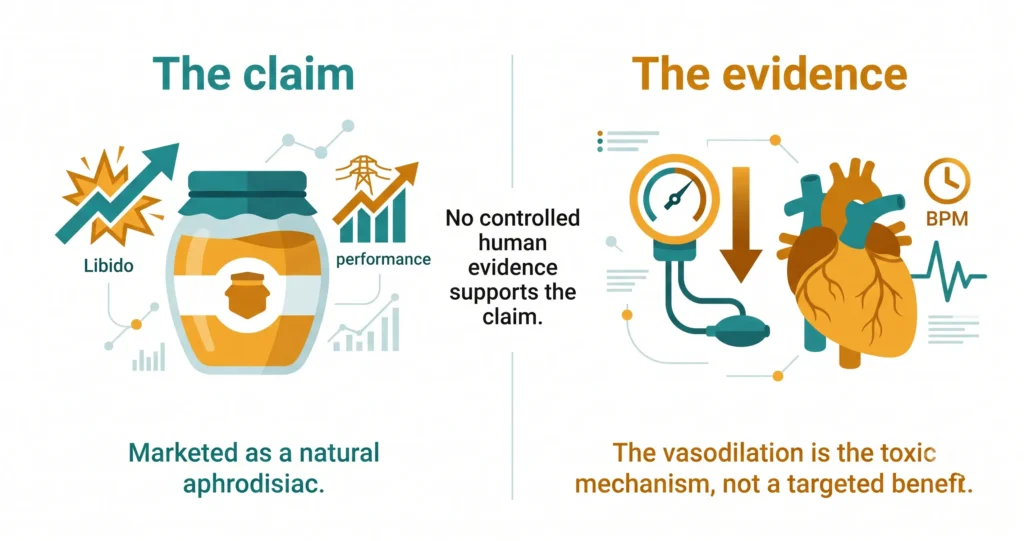 Split infographic comparing mad honey aphrodisiac marketing claims of increased libido and performance versus scientific evidence that vasodilation is a toxic mechanism not a targeted benefit with no controlled human evidence