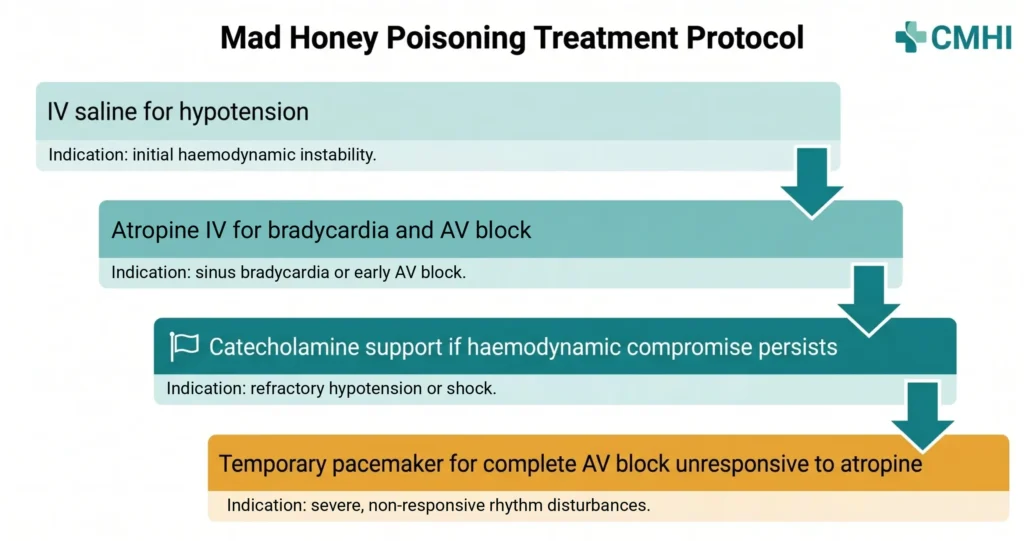 CMHI mad honey poisoning treatment protocol flowchart showing four steps: IV saline for hypotension, atropine IV for bradycardia and AV block, catecholamine support if haemodynamic compromise persists, and a temporary pacemaker for complete AV block unresponsive to atropine
