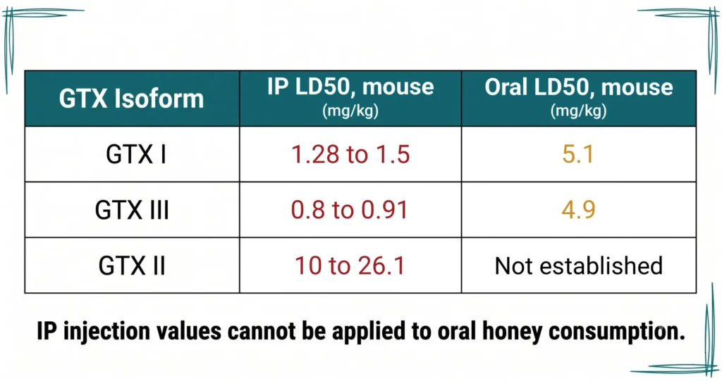 Table of grayanotoxin LD50 values in mice, from EFSA 2023: GTX I, 1.28 to 1.5 mg/kg by intraperitoneal injection and 5.1 mg/kg orally; GTX III, 0.8 to 0.91 mg/kg by injection and 4.9 mg/kg orally; GTX II, 10 to 26.1 mg/kg by injection, with no oral value established. Injection values cannot be applied to oral honey consumption.
