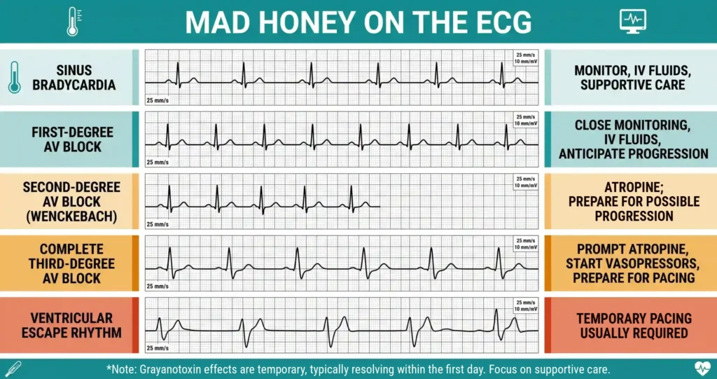 Clinical reference chart showing five ECG patterns from mad honey grayanotoxin poisoning including sinus bradycardia, first and second degree AV block, complete third degree AV block and ventricular escape rhythm with corresponding treatments